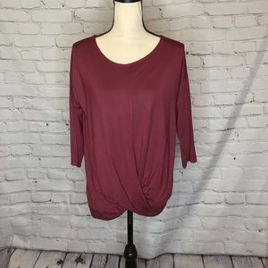 St. Tropez West Maroon Ruched Waist 3/4 Sleeve Round Neck Jersey Knit Top Medium